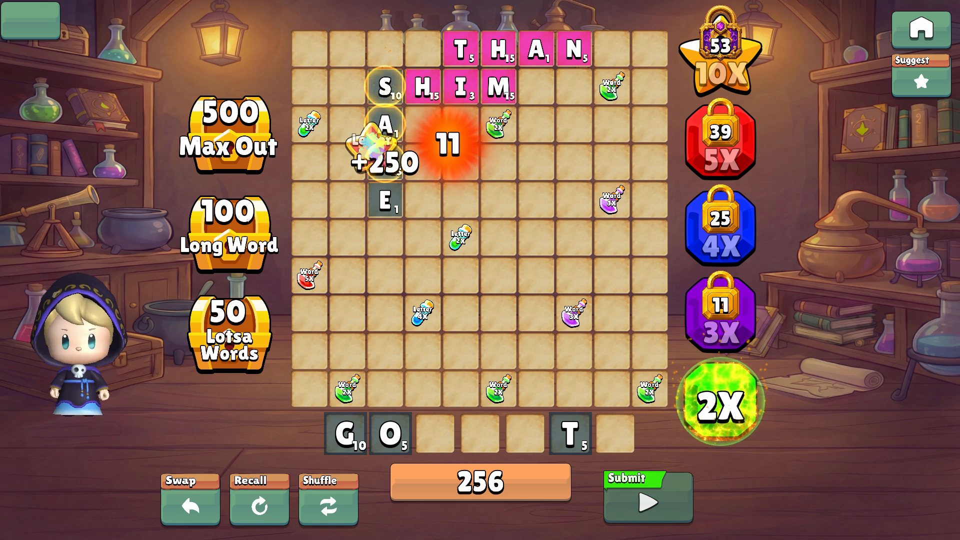 A WordMaxed board with connected words and a multiplier scoring animation